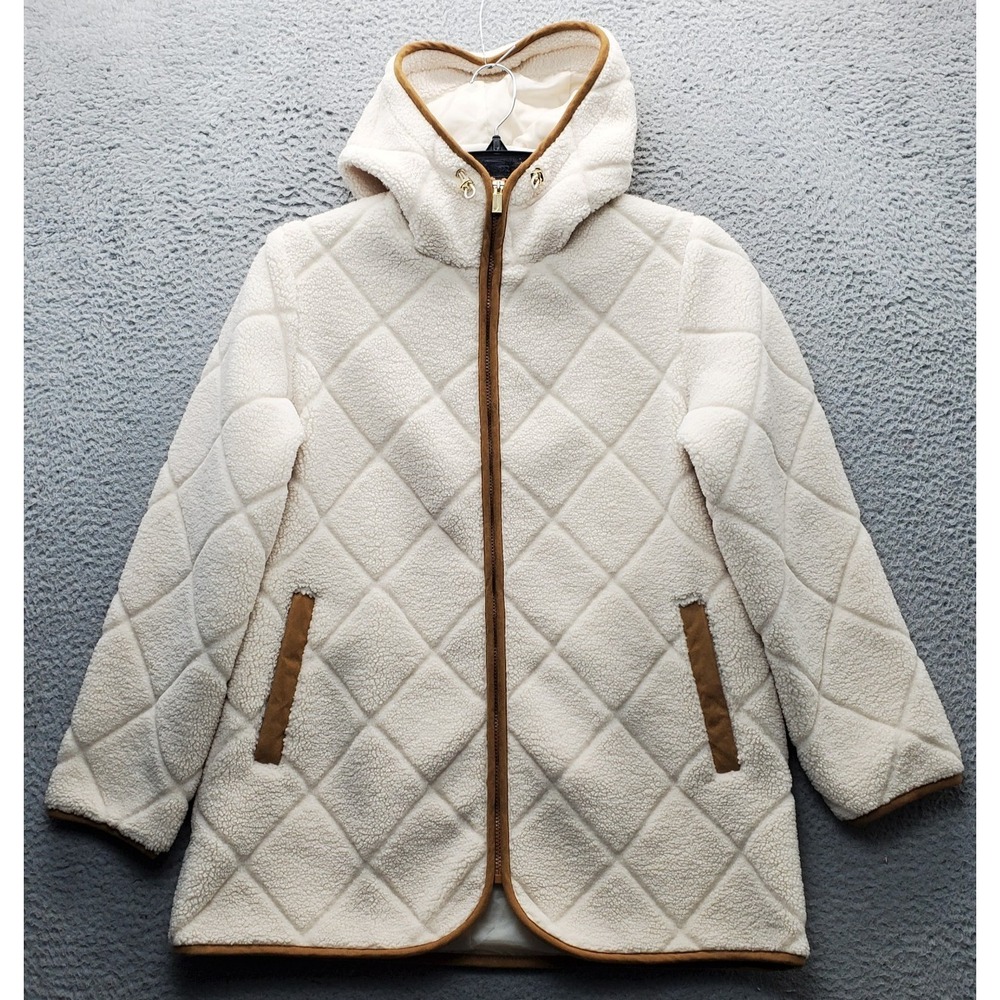 Jones New York Diamond Sherpa Jacket Women Medium Cream Drawcord Hooded Full Zip